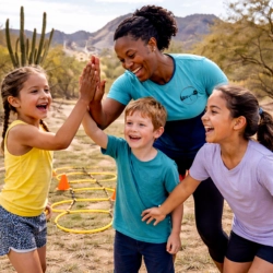 Smiling female fitness trainer high-fives a diverse group of three children during an outdoor exercise session in Tucson, AZ. The desert landscape features mountains, cacti, and agility equipment in the background, promoting confidence and inclusive physical activity.