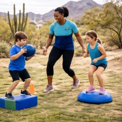 African American female fitness trainer coaches two children doing balance and strength exercises outdoors in Tucson, AZ, with desert mountains, cacti, and clear skies in the background. The boy holds a medicine ball on a balance pad while the girl practices squats on a stability disc.