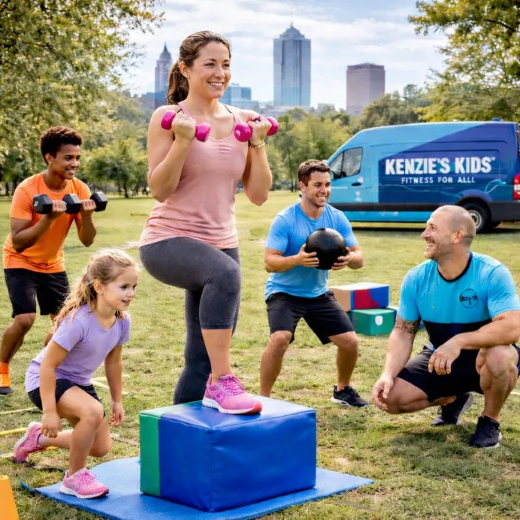 A diverse group participates in an outdoor fitness session in Indianapolis, IN. A smiling woman performs step-ups with pink dumbbells on a foam block, surrounded by a child on an agility ladder, a teen lifting dumbbells, and two male trainers, with the Kenzie's Kids mobile gym van and city skyline in the background.