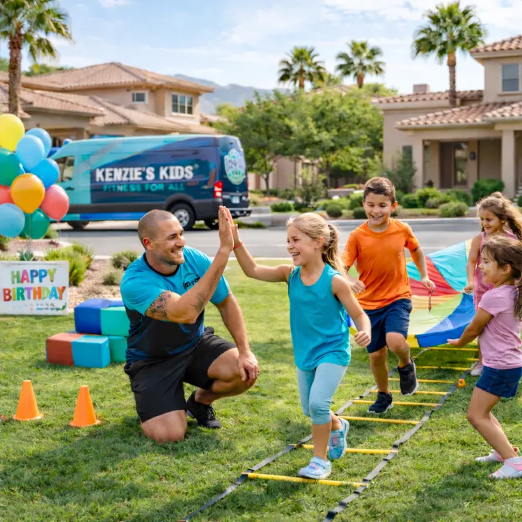 A group of children enjoys a Kenzie's Kids mobile gym birthday party in a sunny suburban neighborhood. A male trainer gives a high-five to a smiling girl running agility ladder drills while other kids play with a parachute. A "Happy Birthday" sign, balloons, and a branded mobile gym van create a festive and active atmosphere.