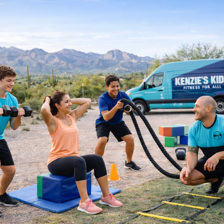 A group of teens trains outdoors with a female adult and a male Kenzie's Kids coach in Tucson, AZ. Activities include battle ropes, sit-ups, and dumbbell exercises on foam blocks, with a desert landscape, cacti, and mountains in the background alongside a branded mobile gym van.