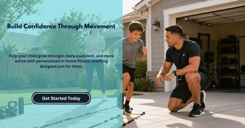 Child training with coach during in-home fitness session focused on building confidence and coordination