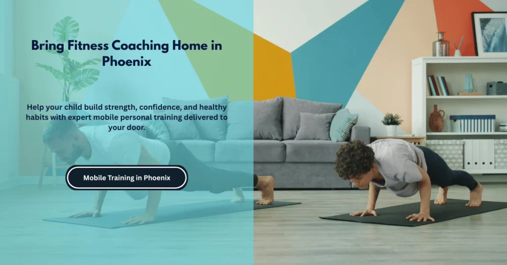 Kids doing push-ups during an in-home fitness session with CTA overlay for mobile personal training in Phoenix