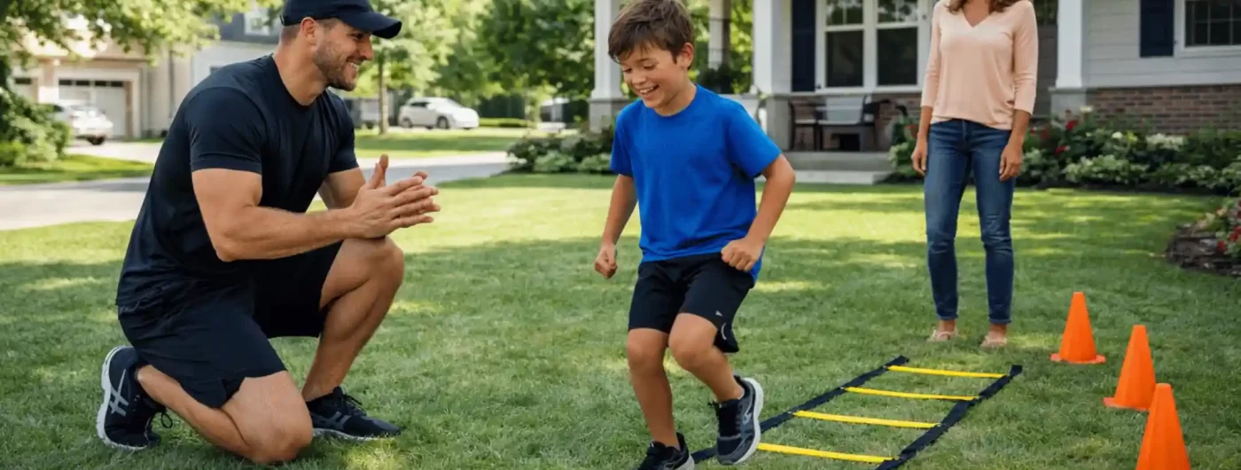 In-home personal trainer guiding a young boy through agility ladder drills in a suburban Indianapolis backyard while a parent watches