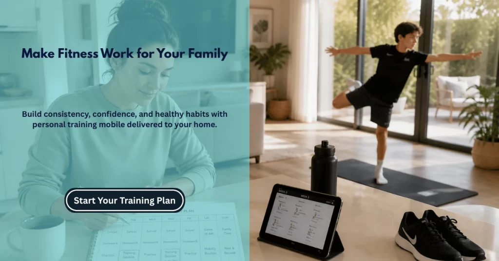 Child following an at-home fitness routine while a parent plans a family training schedule