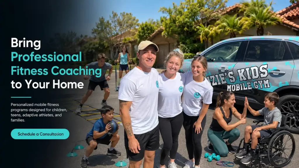 Kenzie’s Kids mobile fitness trainers leading personalized in-home workouts for kids, adaptive athletes, and families