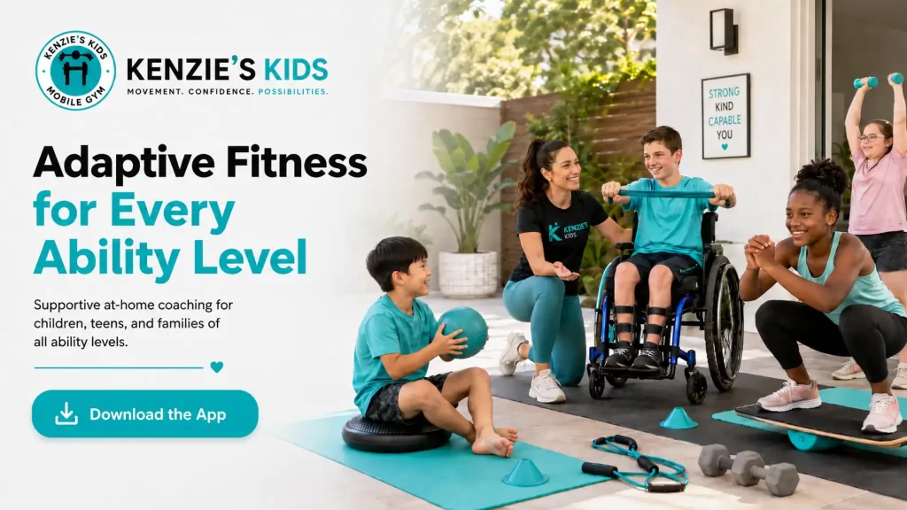 Kenzie’s Kids trainer leading an adaptive fitness session for children of different ability levels at home