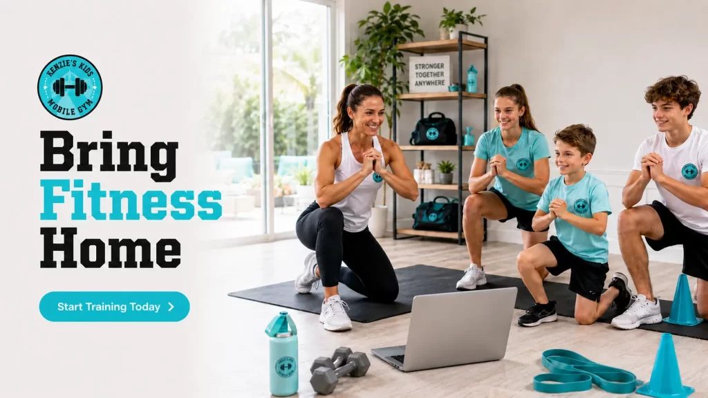 Family participating in an at-home fitness workout led by a Kenzie’s Kids trainer using online coaching tools