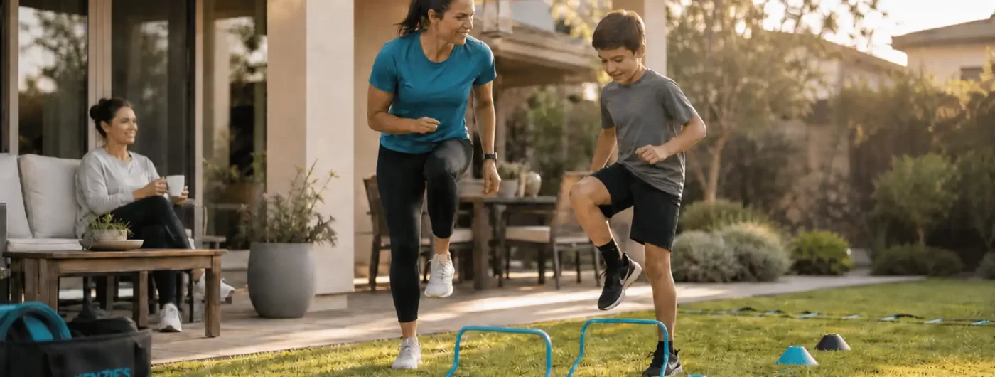 Trainer leading a child through outdoor fitness drills during a mobile personal training session at home