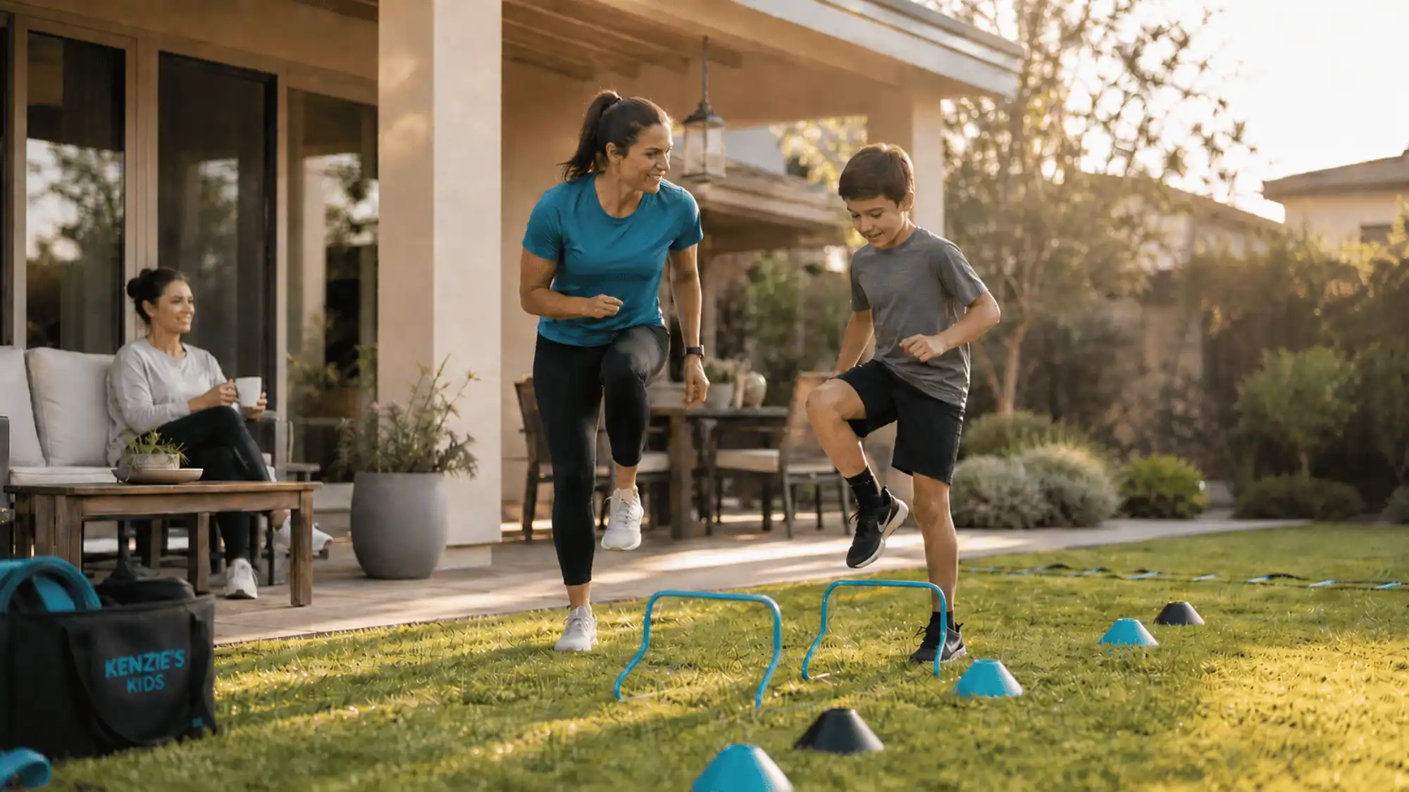 Trainer leading a child through outdoor fitness drills during a mobile personal training session at home