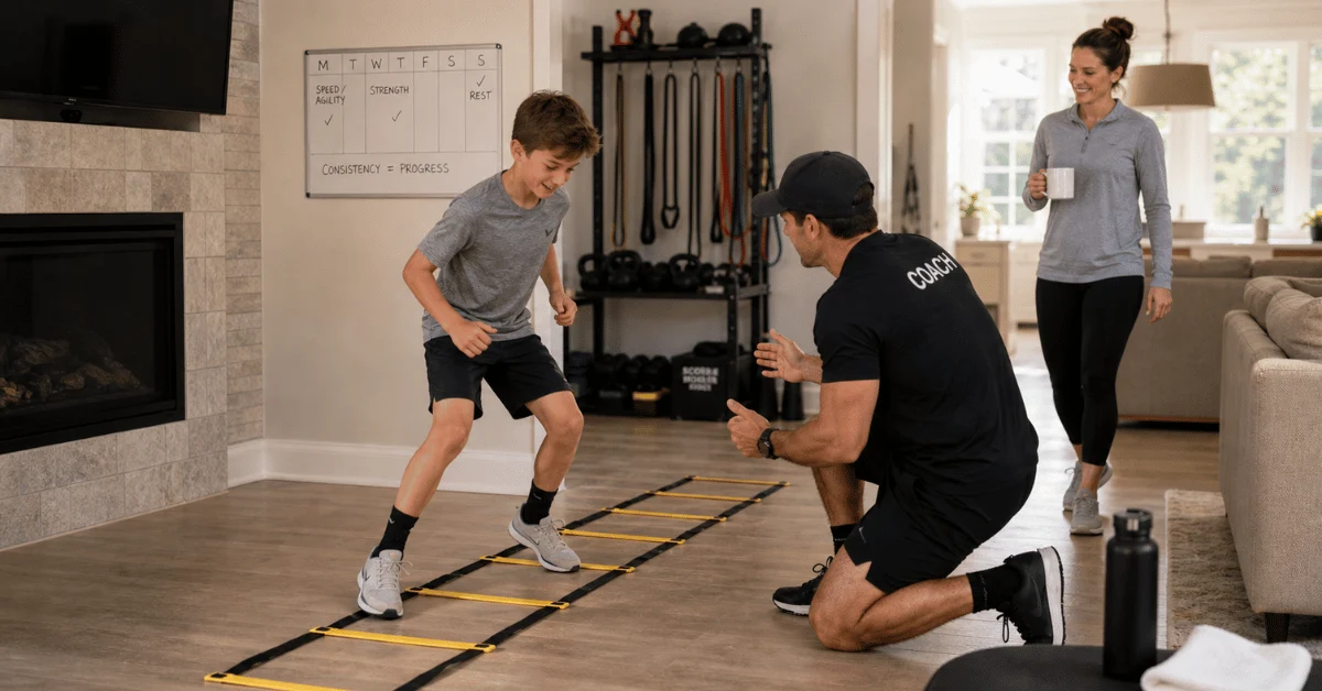 Child completing agility ladder drills during an in-home mobile personal training session