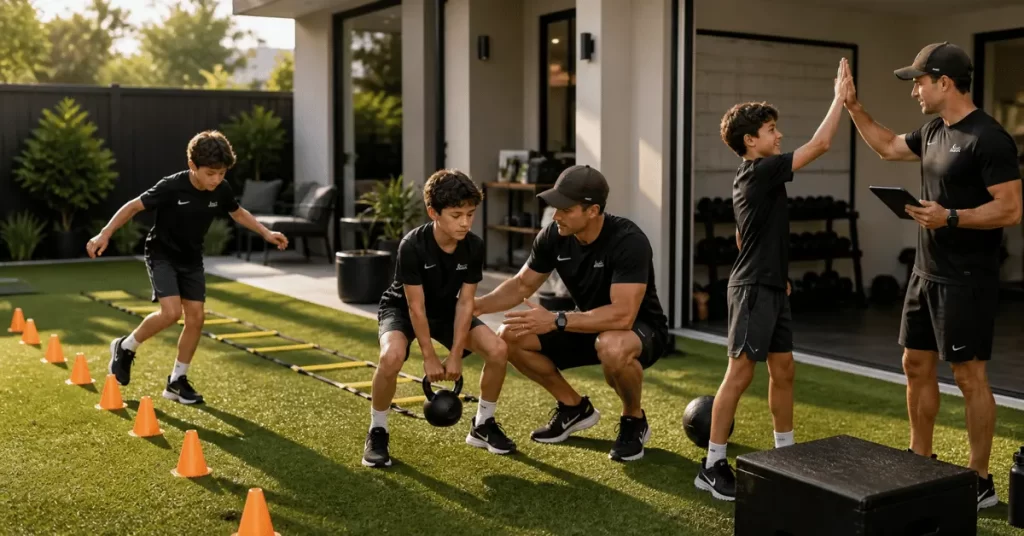 Kids participating in structured strength and agility exercises with a personal trainer outdoors