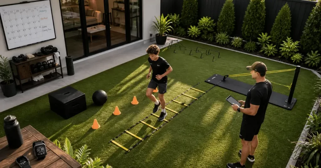 Child completing agility ladder drills during a mobile personal training session in a backyard