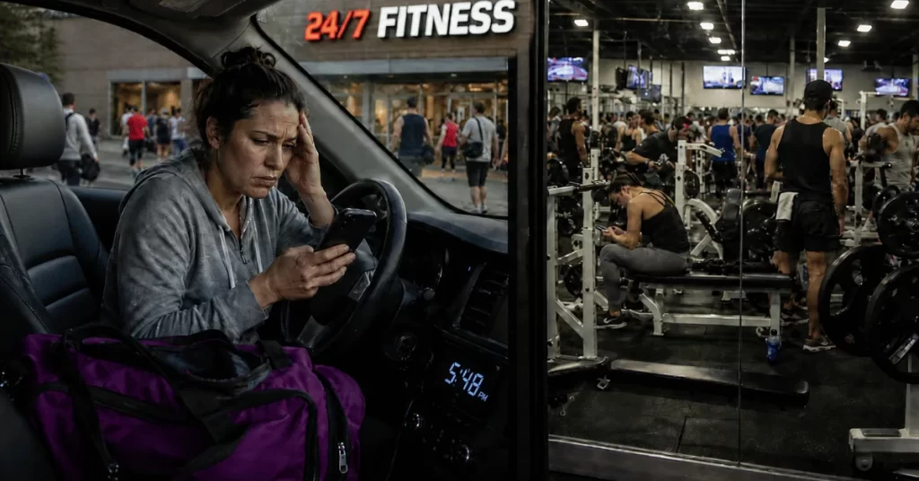 Parent sitting in a car outside a crowded gym while checking a phone before a workout