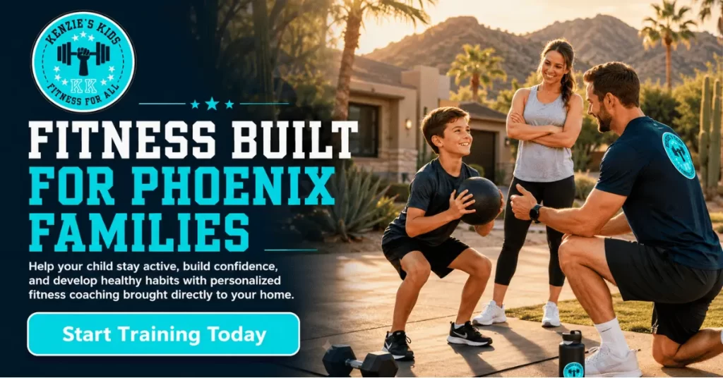 Child training with a Kenzie’s Kids coach at home while a parent watches during a mobile fitness session in Phoenix