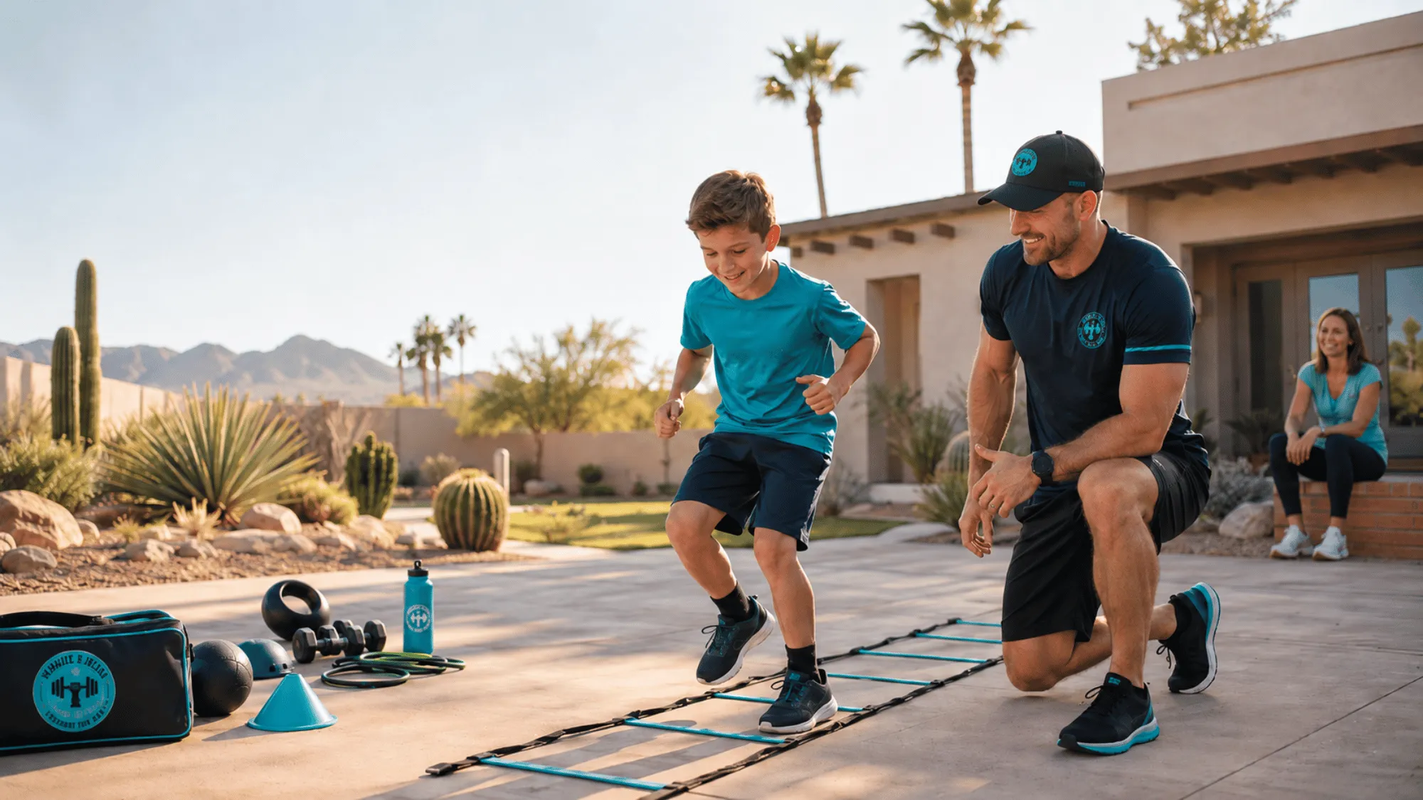 Kenzie’s Kids coach leading an agility ladder workout for a child at a Phoenix-area home while a parent observes nearby