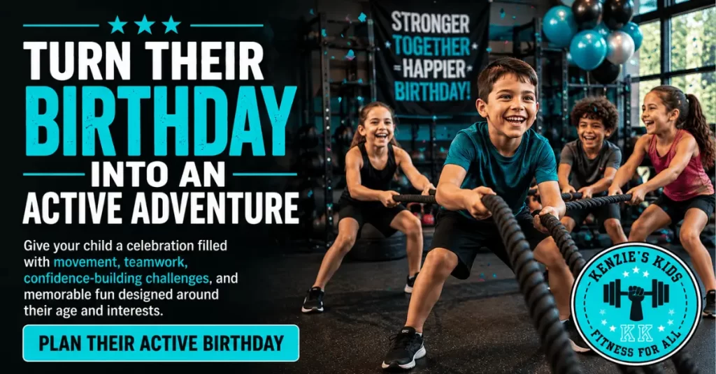Kids participating in a fitness birthday party with battle ropes, teamwork, and active games.